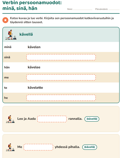 Esikatselu: Verbin persoonamuodot-tehtäväarkki, 2. luokka
