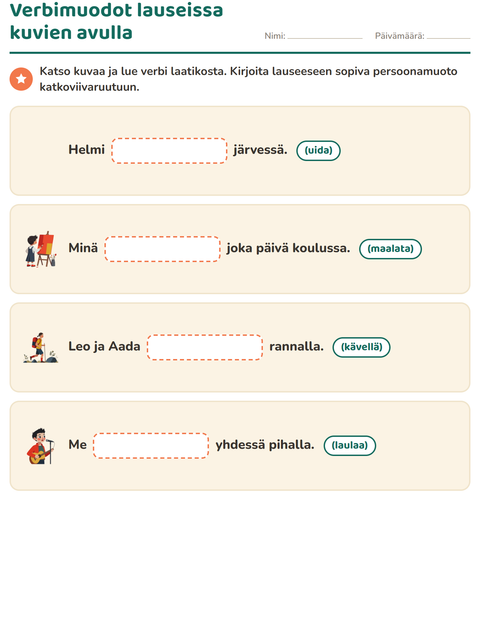 Esikatselu: Verbin persoonamuodot-tehtäväarkki, 2. luokka