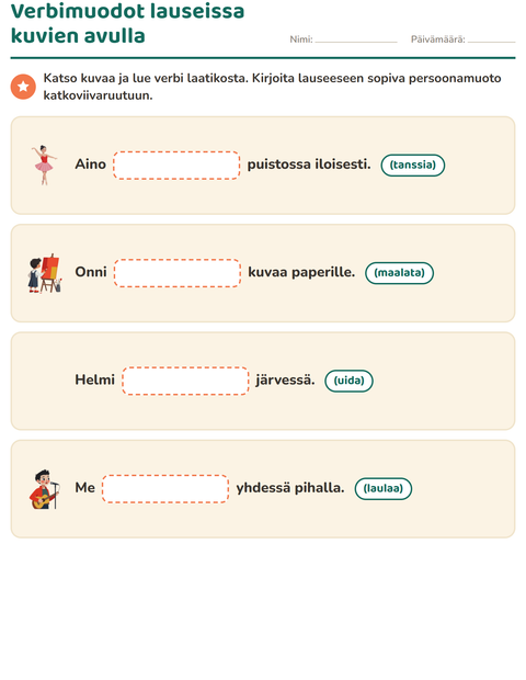 Esikatselu: Verbin persoonamuodot-tehtäväarkki, 2. luokka