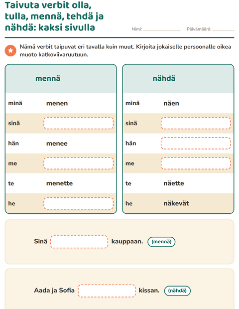 Esikatselu: Verbin persoonamuodot-tehtäväarkki, 2. luokka