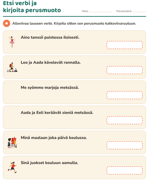 Esikatselu: Verbin persoonamuodot-tehtäväarkki, 2. luokka