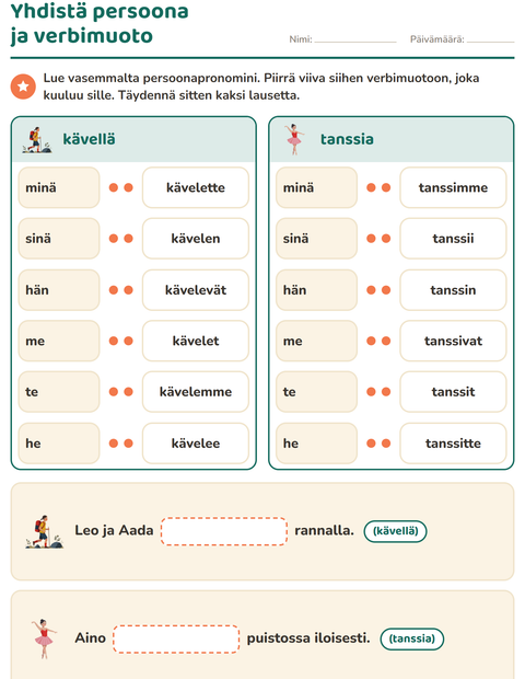 Esikatselu: Verbin persoonamuodot-tehtäväarkki, 2. luokka