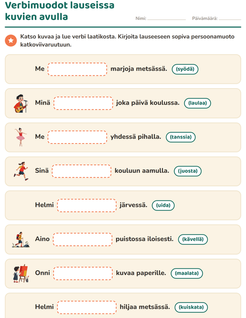 Esikatselu: Verbin persoonamuodot-tehtäväarkki, 2. luokka