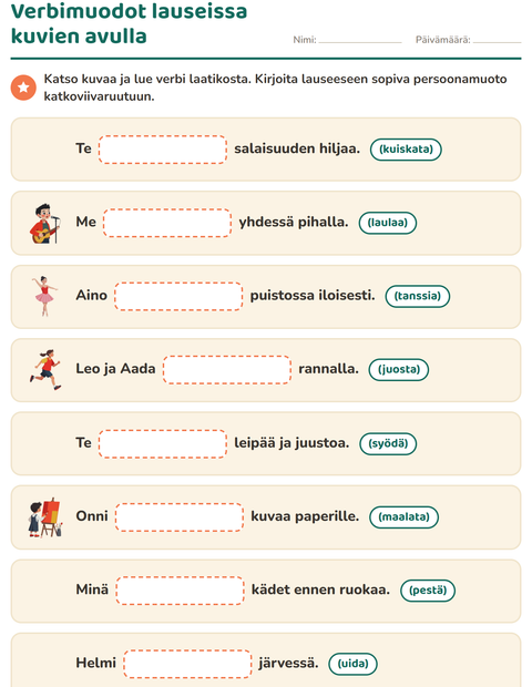 Esikatselu: Verbin persoonamuodot-tehtäväarkki, 2. luokka