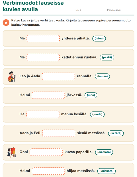 Esikatselu: Verbin persoonamuodot-tehtäväarkki, 2. luokka