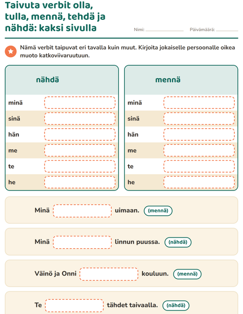 Esikatselu: Verbin persoonamuodot-tehtäväarkki, 2. luokka