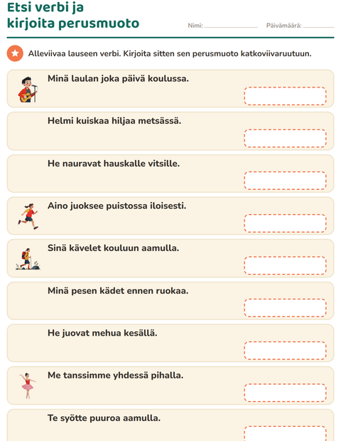 Esikatselu: Verbin persoonamuodot-tehtäväarkki, 2. luokka