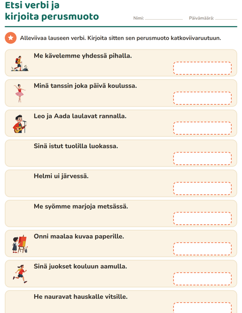 Esikatselu: Verbin persoonamuodot-tehtäväarkki, 2. luokka