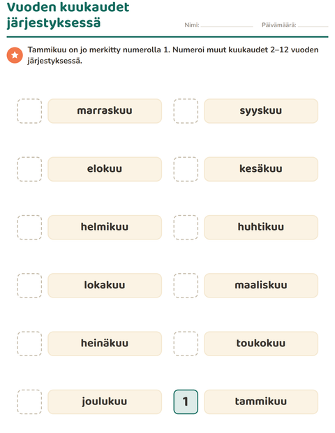 Esikatselu: Viikonpäivät ja kuukaudet-tehtäväarkki, 1. luokka