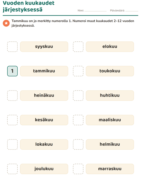 Vuoden kuukaudet järjestyksessä: numeroi 2–12