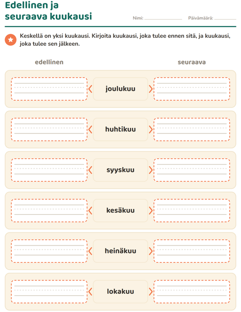 Esikatselu: Viikonpäivät ja kuukaudet-tehtäväarkki, 1. luokka