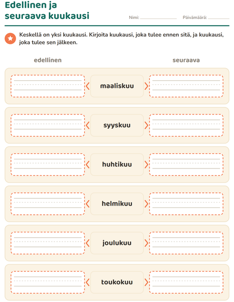 Esikatselu: Viikonpäivät ja kuukaudet-tehtäväarkki, 1. luokka