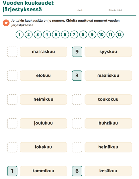 Esikatselu: Viikonpäivät ja kuukaudet-tehtäväarkki, 1. luokka