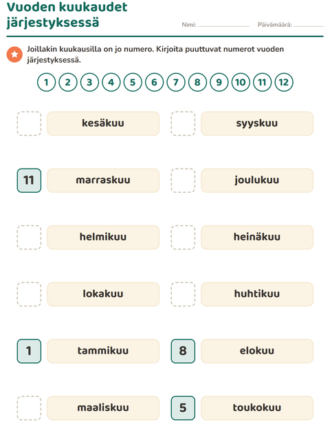Esikatselu: Viikonpäivät ja kuukaudet-tehtäväarkki, 1. luokka