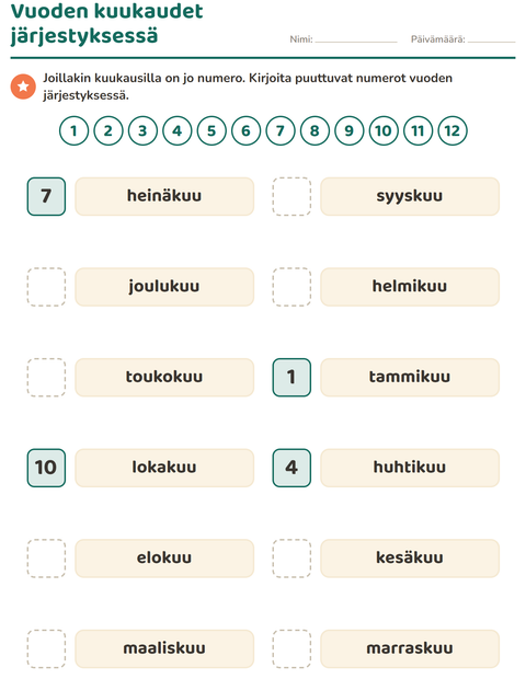 Esikatselu: Viikonpäivät ja kuukaudet-tehtäväarkki, 1. luokka