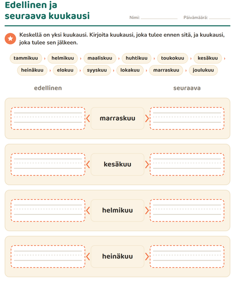 Esikatselu: Viikonpäivät ja kuukaudet-tehtäväarkki, 1. luokka