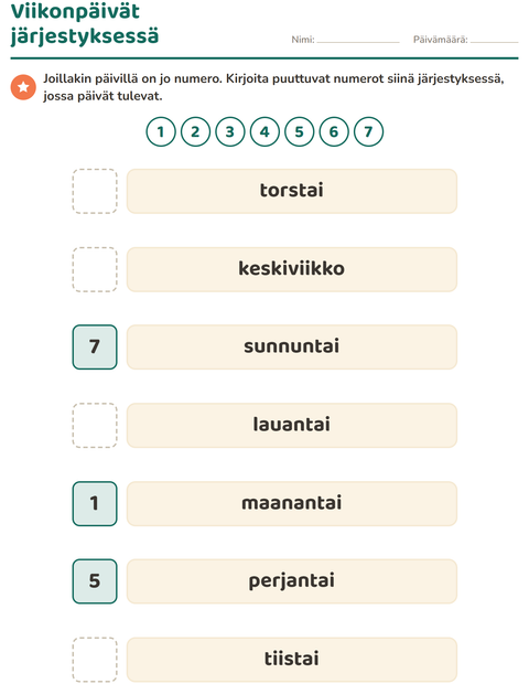 Esikatselu: Viikonpäivät ja kuukaudet-tehtäväarkki, Esiopetus