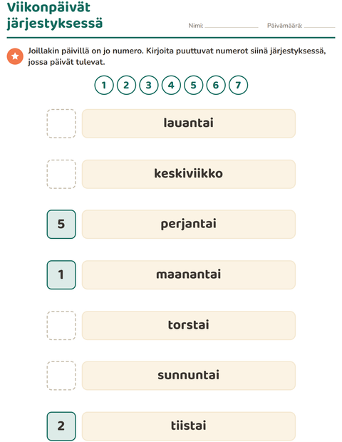 Esikatselu: Viikonpäivät ja kuukaudet-tehtäväarkki, Esiopetus