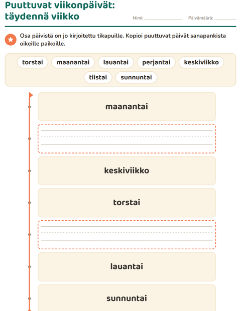 Esikatselu: Viikonpäivät ja kuukaudet-tehtäväarkki, Esiopetus