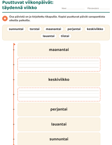 Esikatselu: Viikonpäivät ja kuukaudet-tehtäväarkki, Esiopetus