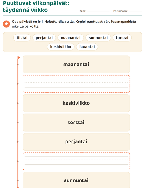 Esikatselu: Viikonpäivät ja kuukaudet-tehtäväarkki, Esiopetus