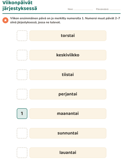 Esikatselu: Viikonpäivät ja kuukaudet-tehtäväarkki, Esiopetus