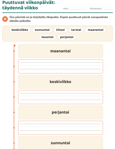 Esikatselu: Viikonpäivät ja kuukaudet-tehtäväarkki, Esiopetus