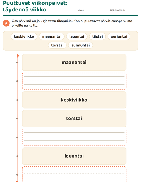 Esikatselu: Viikonpäivät ja kuukaudet-tehtäväarkki, Esiopetus