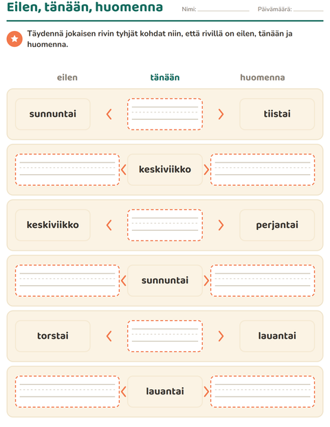 Esikatselu: Viikonpäivät ja kuukaudet-tehtäväarkki, 1. luokka