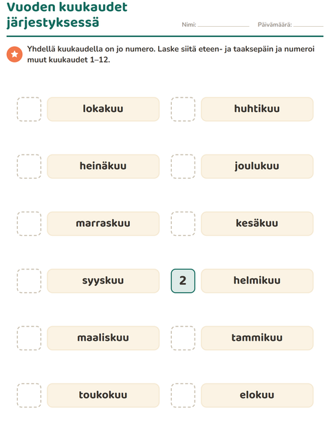 Esikatselu: Viikonpäivät ja kuukaudet-tehtäväarkki, 1. luokka