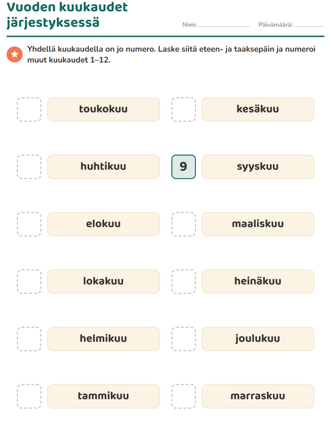 Esikatselu: Viikonpäivät ja kuukaudet-tehtäväarkki, 1. luokka