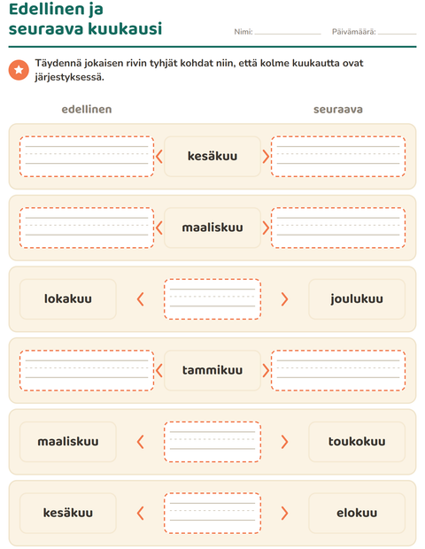 Esikatselu: Viikonpäivät ja kuukaudet-tehtäväarkki, 1. luokka