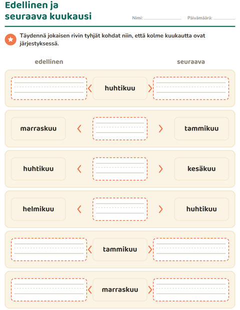 Esikatselu: Viikonpäivät ja kuukaudet-tehtäväarkki, 1. luokka