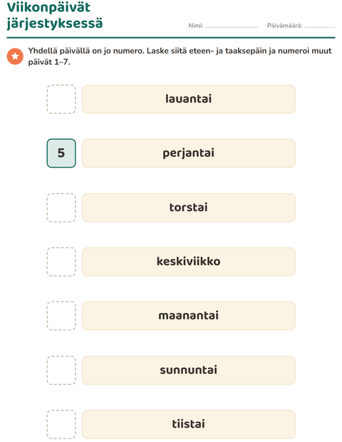 Esikatselu: Viikonpäivät ja kuukaudet-tehtäväarkki, Esiopetus