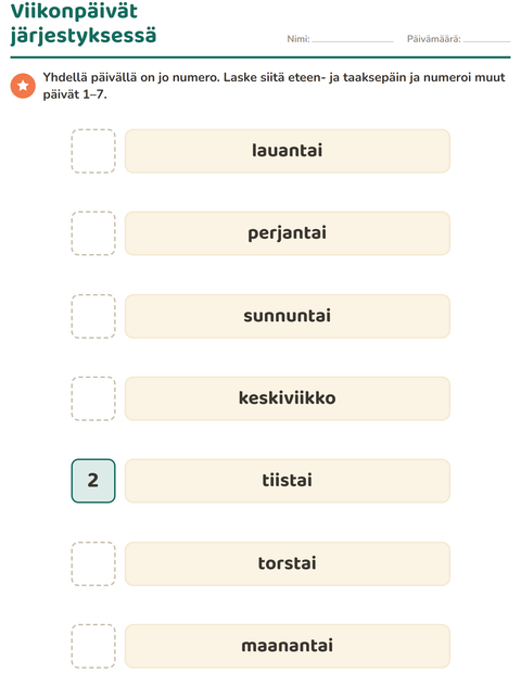 Esikatselu: Viikonpäivät ja kuukaudet-tehtäväarkki, Esiopetus