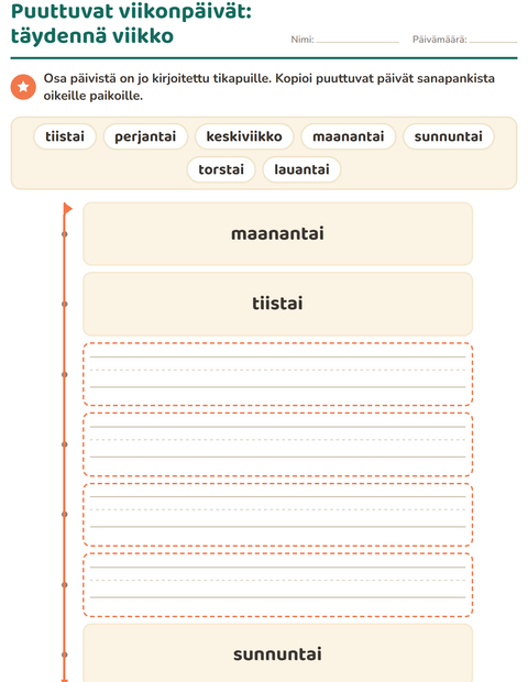 Esikatselu: Viikonpäivät ja kuukaudet-tehtäväarkki, Esiopetus