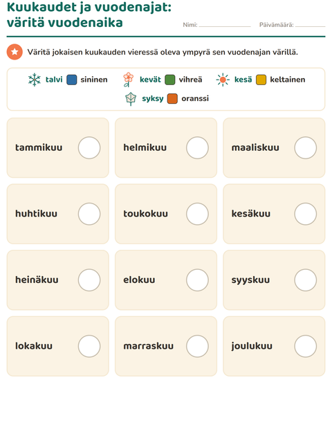 Esikatselu: Vuodenajat-tehtäväarkki, 1. luokka