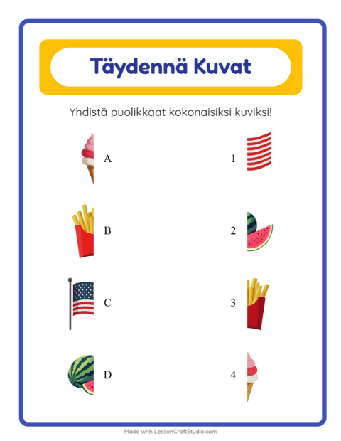 Esikatselu: Yhdistä Varjot-tehtäväarkki, aiheena Heinäkuun 4., Esiopetus