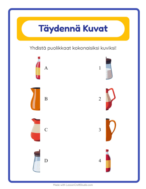 Esikatselu: Yhdistä Varjot-tehtäväarkki, aiheena Keittiövälineet, Esiopetus
