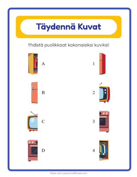 Esikatselu: Yhdistä Varjot-tehtäväarkki, aiheena Kodin ympärillä, Esiopetus