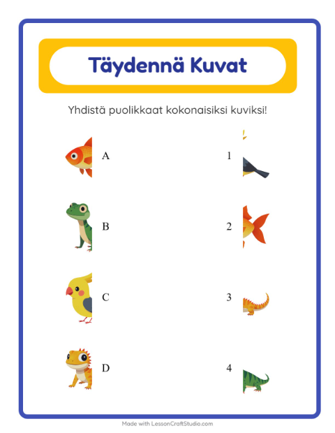 Esikatselu: Yhdistä Varjot-tehtäväarkki, aiheena Lemmikit, Esiopetus