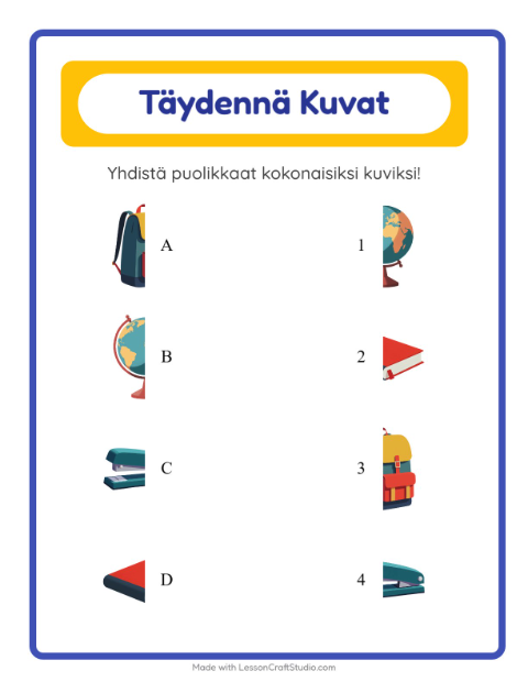 Esikatselu: Yhdistä Varjot-tehtäväarkki, aiheena Luokkahuone, Esiopetus