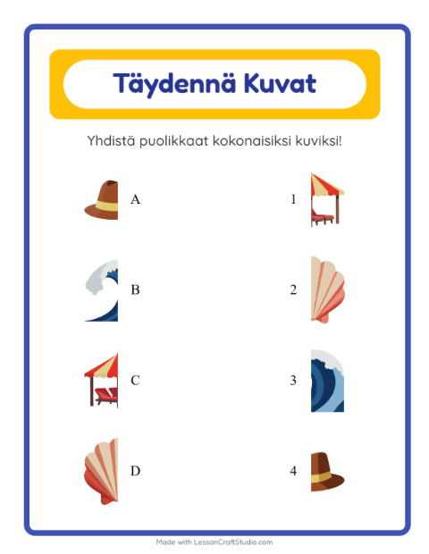 Esikatselu: Yhdistä Varjot-tehtäväarkki, aiheena Ranta, Esiopetus