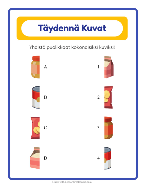 Esikatselu: Yhdistä Varjot-tehtäväarkki, aiheena Ruokakaupassa, Esiopetus