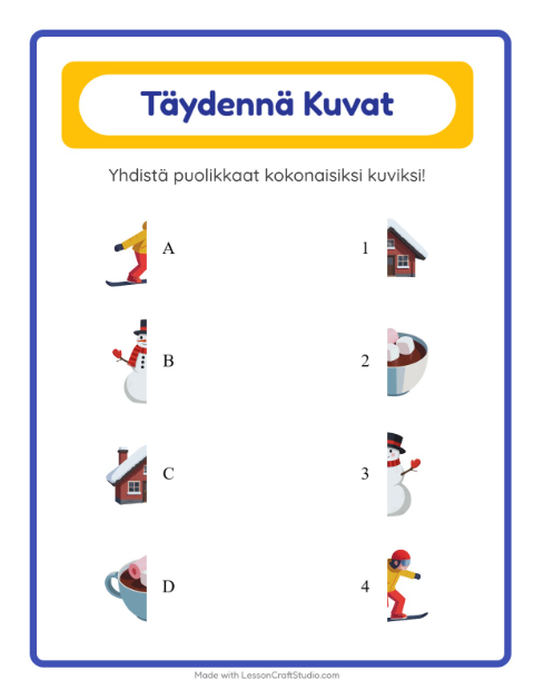Esikatselu: Yhdistä Varjot-tehtäväarkki, aiheena Talvi, Esiopetus