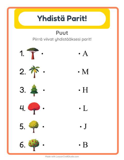 Esikatselu: Yhdistäminen-tehtäväarkki, aiheena Puut, Esiopetus