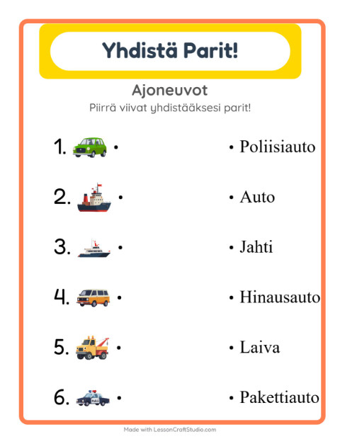 Esikatselu: Yhdistäminen-tehtäväarkki, aiheena Ajoneuvot, Esiopetus