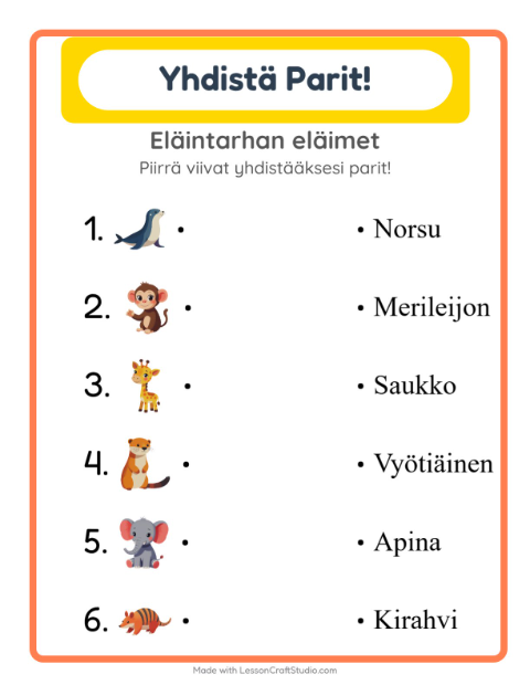 Lue ja yhdistä – Eläintarhan eläimet