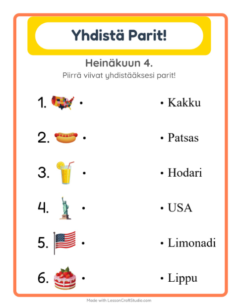 Esikatselu: Yhdistäminen-tehtäväarkki, aiheena Heinäkuun 4., Esiopetus