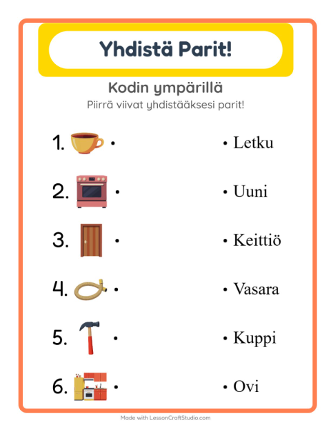 Esikatselu: Yhdistäminen-tehtäväarkki, aiheena Kodin ympärillä, Esiopetus